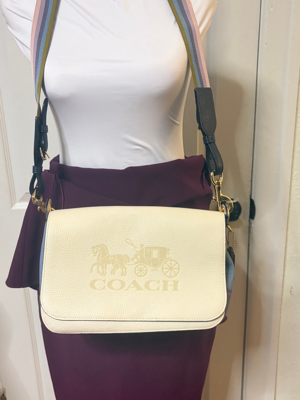 COACH Cream Pebbled Leather Crossbody with Rainbow Striped Strap